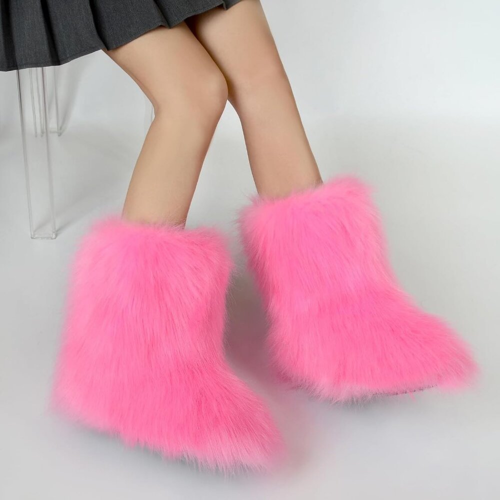Women's Faux Fluffy Furry Fur Short Snow Warm Comfortable Mid Calf Pink Boots - Picture 5 of 5